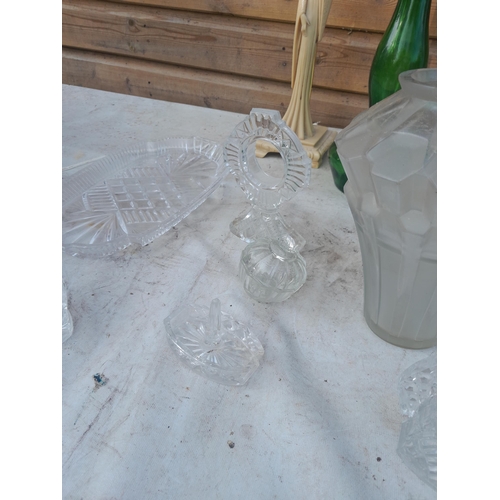 224 - Cut and other glassware, resin lamp, scent bottle, Art Deco frosted glass vase chipped