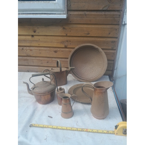 3 - Assorted brass and copper : kettle, sieve, watering can etc.