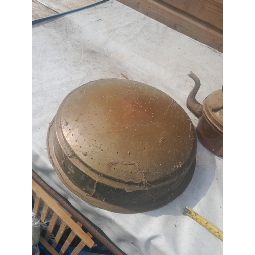 3 - Assorted brass and copper : kettle, sieve, watering can etc.