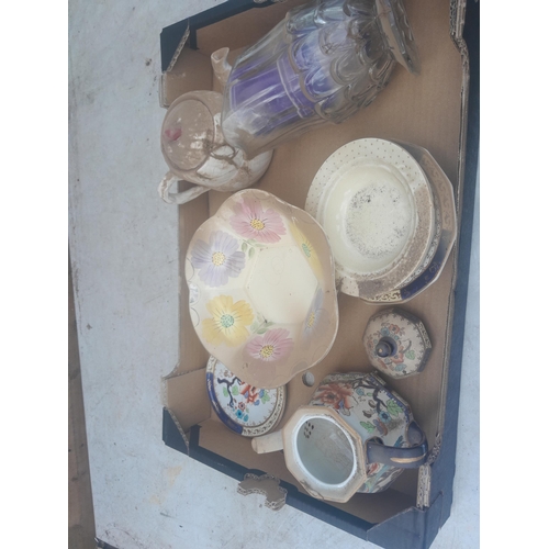 13 - Assorted decorative china and glassware : majolica leaf dish, Losol ware, Honiton pottery etc.