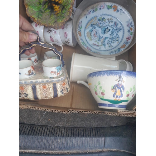 13 - Assorted decorative china and glassware : majolica leaf dish, Losol ware, Honiton pottery etc.