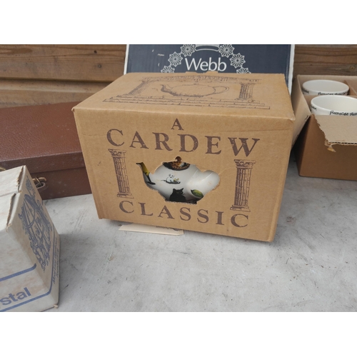 36 - Box of decorative china some boxed :Cardew teapot and mugs , Webb crystal