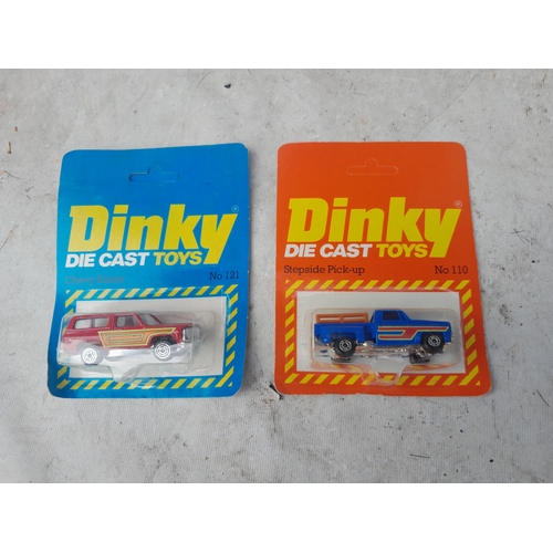 38 - 2 x boxed in bubbles Dinky die cast toy cars : No 110 Stepside pick up (bubble crack) & No 121 Chevy... 