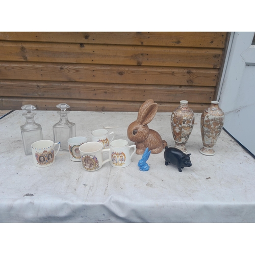 55 - Commemorative ware, Sylvac rabbits and box of records