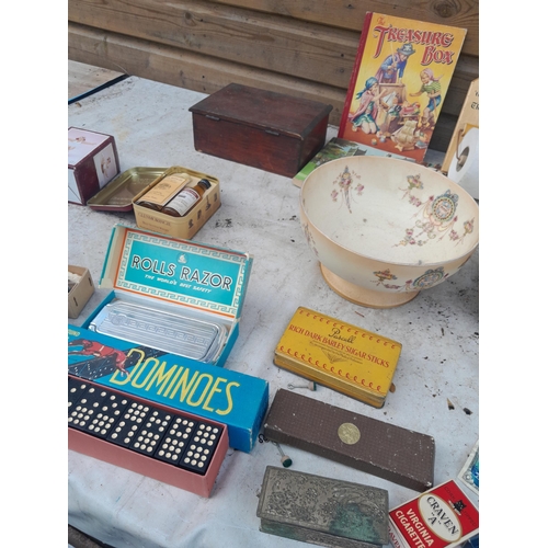 75 - Box of oddments , rolls razor vintage advertising, Honiton pottery, dominoes etc.