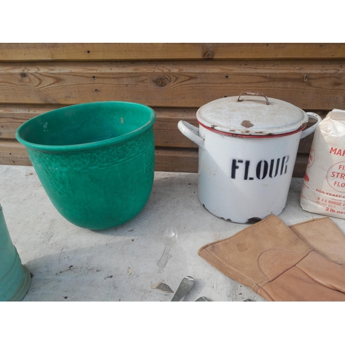 81 - Royal Lancastrian green matt glaze jardiniere in good order, vintage enamel flour bin, brass shell c... 