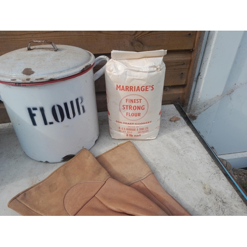 81 - Royal Lancastrian green matt glaze jardiniere in good order, vintage enamel flour bin, brass shell c... 