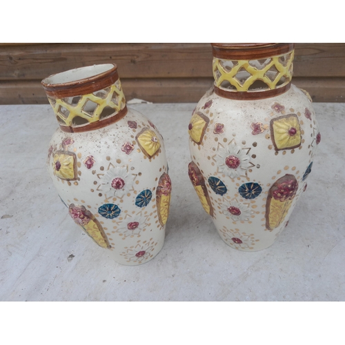 95 - Pair of Zsolnay Pecs style vases, crazed, dirty but in good order