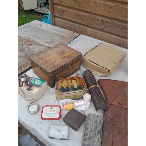 96 - Box of oddments : vintage advertising boxes and tins some with contents, leather out riders gauntlet... 