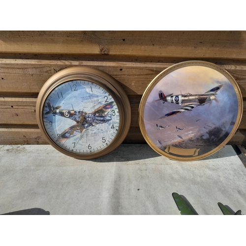 115 - Mainly military aviation history related memorabilia : collectors plate, wall clock, die cast planes... 