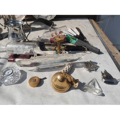 119 - Box of oddments : glassware, plated ware, Masons and other plates, Waterford Crystal glass boat etc.