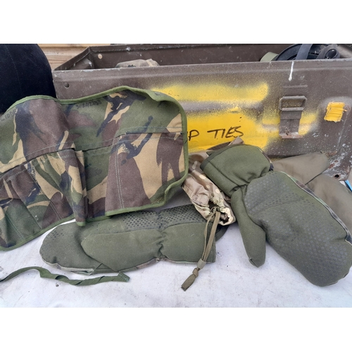 142 - 2 x ammunition tins, MOD army surplus including gas mask, pouches etc.