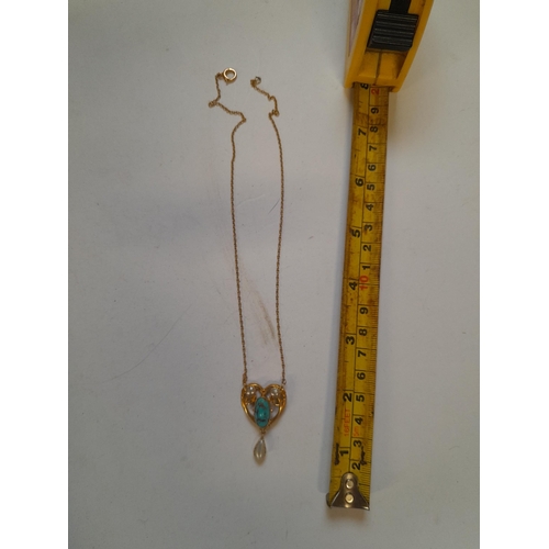 279 - Exquisite unmarked but tested at 9 ct +heart shape pendant with teardrop pearls and turquoise on nec... 