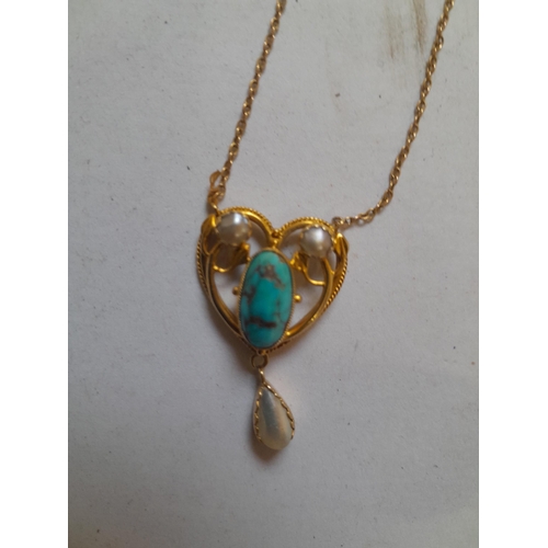 279 - Exquisite unmarked but tested at 9 ct +heart shape pendant with teardrop pearls and turquoise on nec... 