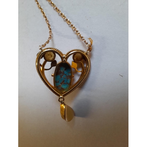 279 - Exquisite unmarked but tested at 9 ct +heart shape pendant with teardrop pearls and turquoise on nec... 