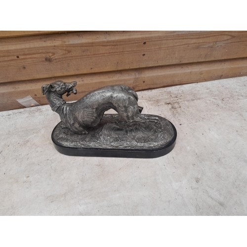 354 - Pewter on resin figure group of a Lurcher Greyhound, hunting interest