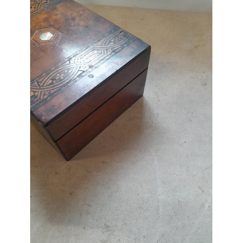 361 - Edwardian walnut and inlaid work box, needs some restoration on hinges