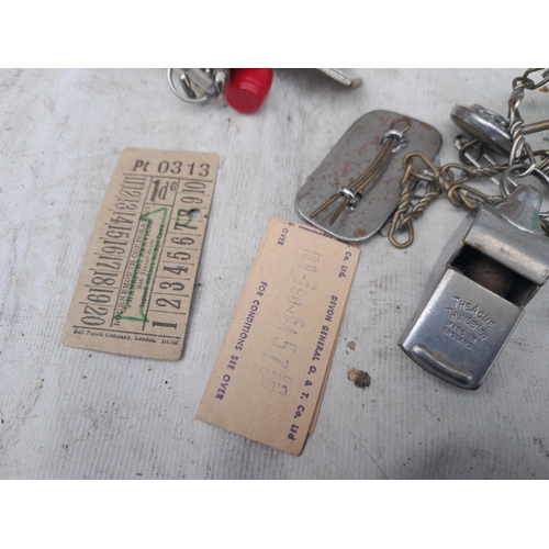 406 - Box of assorted china, train tickets, Acme Thunderer whistle, enamel badges of Railway interest, Edi... 