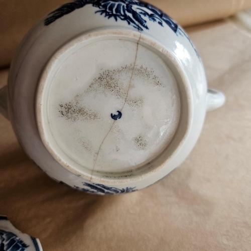 519 - Royal Worcester First Period (circa 1770) blue and white Fence pattern tea pot with damages (Dr Wall... 