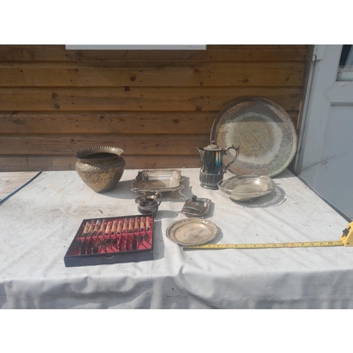 10 - Assorted silver plate and Kashmiri brass vase with elephant decoration and damaged tray