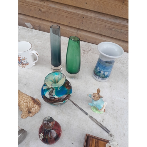 633 - Assorted coloured glassware including Mdina, and studo pottery