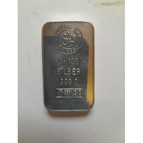 28 - Argor Heraeus SA, Swiss silver ingot .999 pure, 100 g