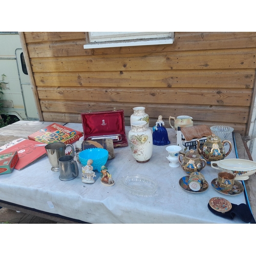 38 - Assorted decorative china, plated tankard and tray set, damaged Goebel figure games etc.