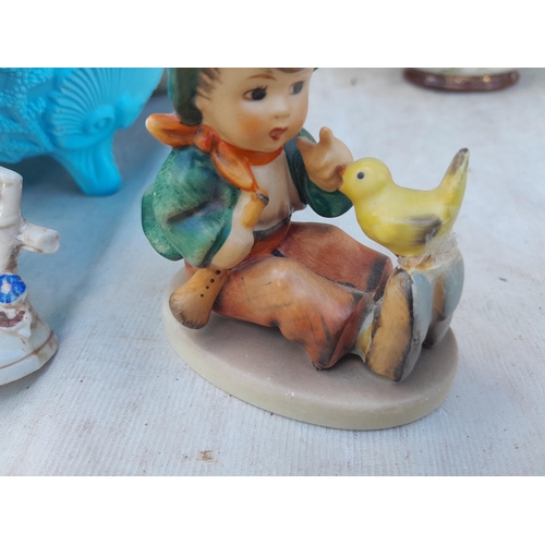 38 - Assorted decorative china, plated tankard and tray set, damaged Goebel figure games etc.