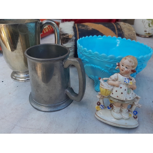 38 - Assorted decorative china, plated tankard and tray set, damaged Goebel figure games etc.