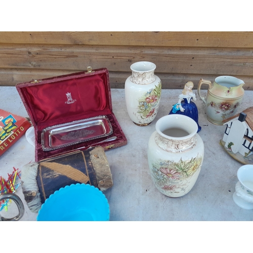 38 - Assorted decorative china, plated tankard and tray set, damaged Goebel figure games etc.