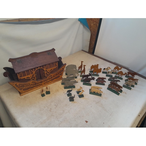 46 - Rare surviving vintage Noah's Ark wooden toy with double animals and Noah with Wife, play worn but i... 