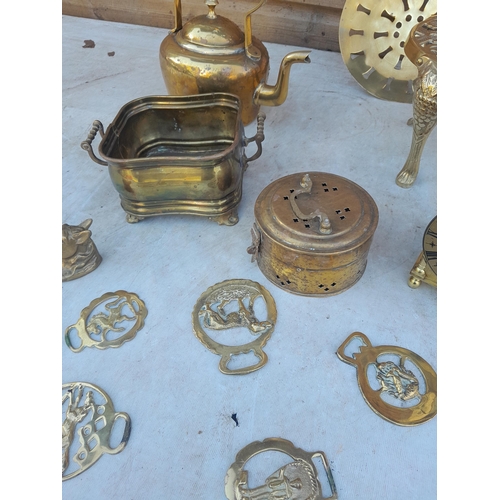 53 - Assorted brassware including kettle etc.