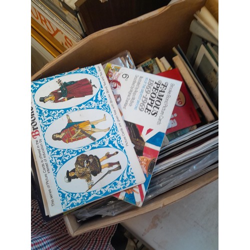 117 - box full of tourist guides, souvenir pamphlets, post 1950 coloured postcards, tea and cigarette card... 