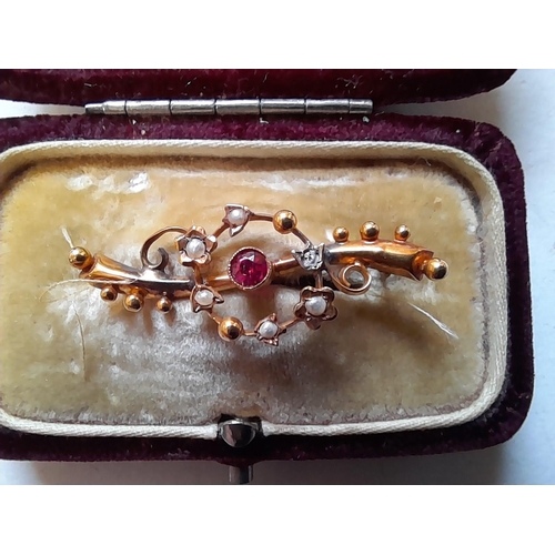 34 - 2 x 9 ct gold bar brooches , one set with horseshoe and pearls the other set with ruby and pearls on... 