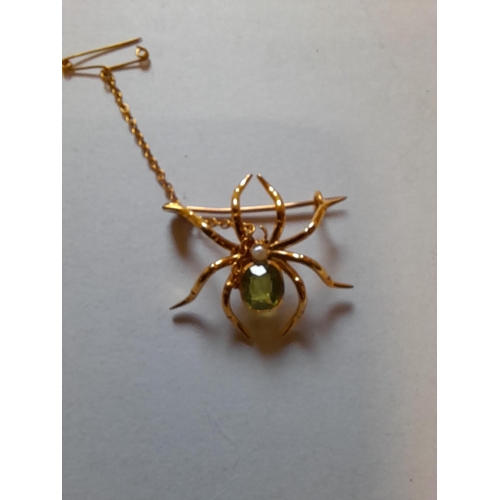 36 - Very pretty brooch unmarked but tested as 9 ct modelled as a spider set with single peridot and pear... 