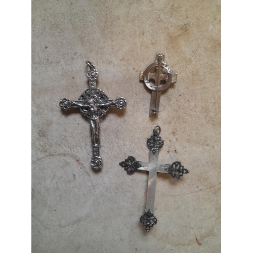 46 - 3 x vintage crosses : 1 x set with semi precious stones double sided & 1 x mother of pearl and one o... 