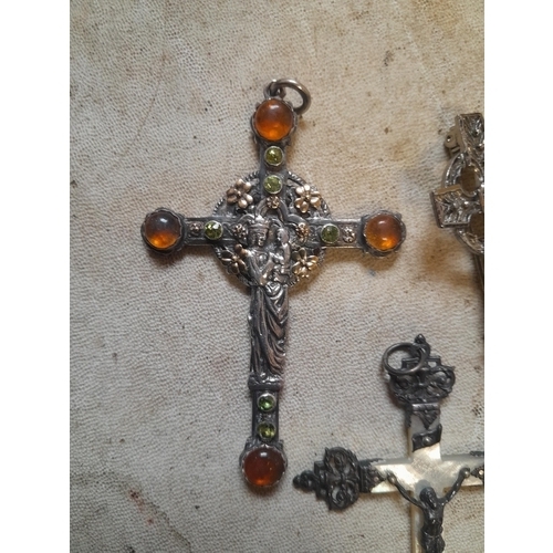 46 - 3 x vintage crosses : 1 x set with semi precious stones double sided & 1 x mother of pearl and one o... 