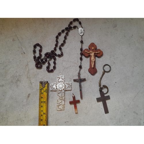 56 - Assorted crosses (Catholic interest) : Carved Mother of pearl, stone wood and metal