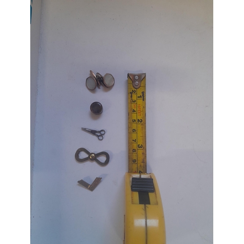 76 - Miniature steel scissors, cufflinks, Masonic pin as found etc.