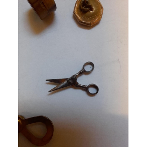 76 - Miniature steel scissors, cufflinks, Masonic pin as found etc.