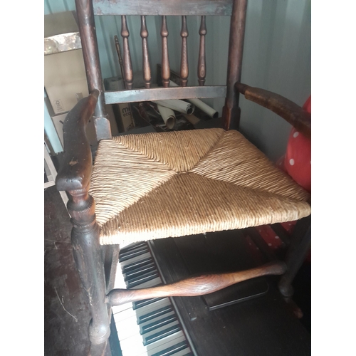 108 - 19th century rocking chair , copper warming pan and cast iron shovel, Singer sewing machine