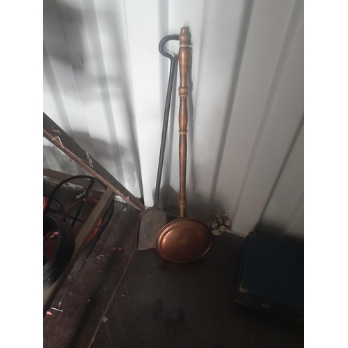 108 - 19th century rocking chair , copper warming pan and cast iron shovel, Singer sewing machine