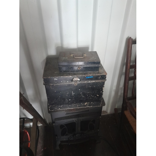 109 - Cast iron (heavy) electric log burner, 2 x metal deed boxes