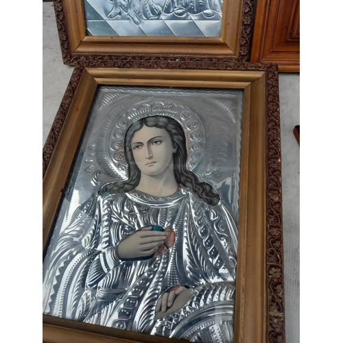 138 - Varied array of pictures : 2 x late 20th century Greek religious icons, oil on artist board, book pr... 