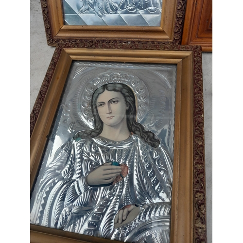 138 - Varied array of pictures : 2 x late 20th century Greek religious icons, oil on artist board, book pr... 