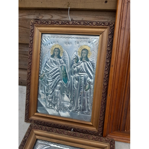 138 - Varied array of pictures : 2 x late 20th century Greek religious icons, oil on artist board, book pr... 