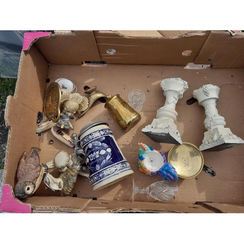 140 - Box of oddments : marble candle sticks, 19th century Staffordshire pottery pastille burner etc.