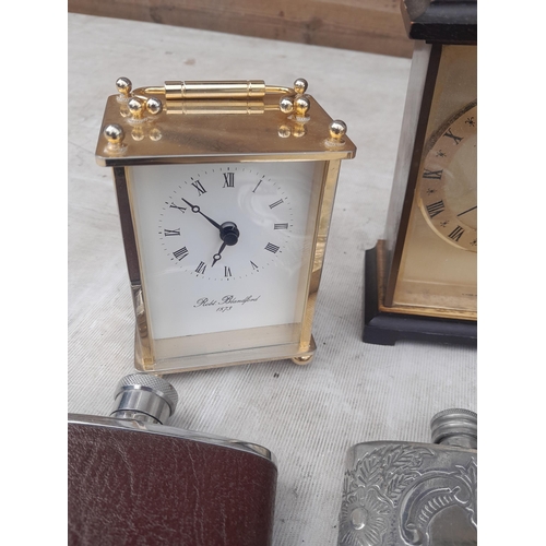 146 - Collection of Quartz carriage clocks, stilton scoop, hip flask, plated ware