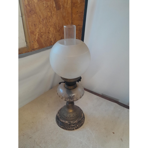 403 - Late Victorian paraffin lamp with agate pottery base and cut glass reservoir