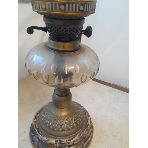 403 - Late Victorian paraffin lamp with agate pottery base and cut glass reservoir